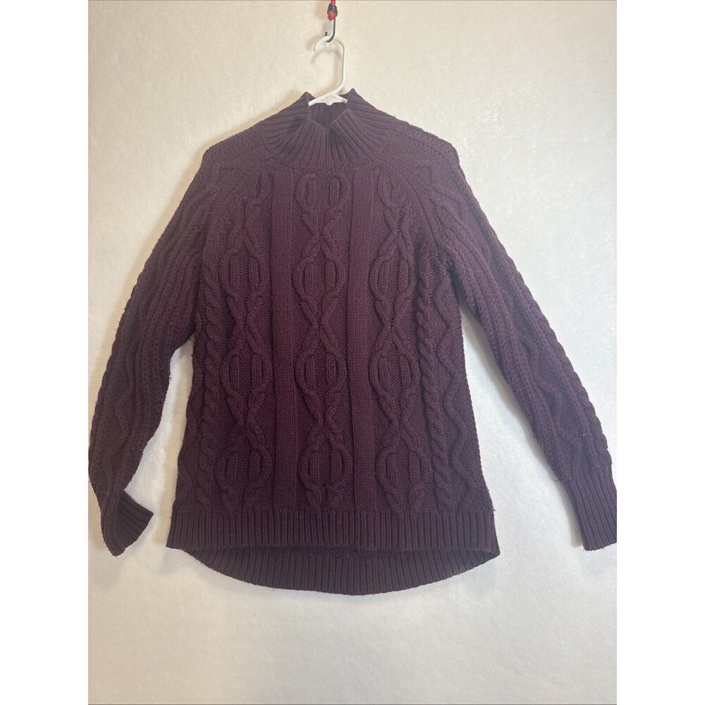LL Bean Burgundy Cable Knit Sweater Wool Blend Cozy Fisherman Pullover S